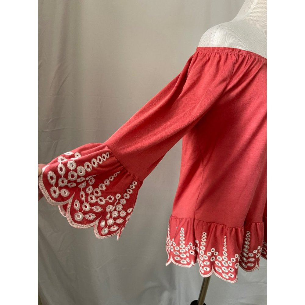 Fever Salmon Flare 3/4 Sleeve Eyelet Embroidered Wide neck Ruffle Bottom Blouse - Picture 4 of 10